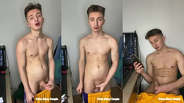 Twink watches adult movies and jerks off his big cock