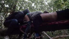 Risky sex in the dark forest of three horny lesbians