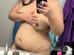 Busty curly brunette with big boobs fucks on couch