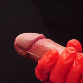 Close up Handjob with Gloves, Beautiful Cock, Slomo Cumshot