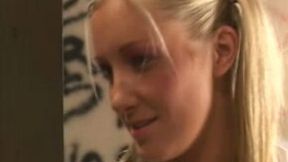 This shameless coed is sucking her BF's dick in the public restroom