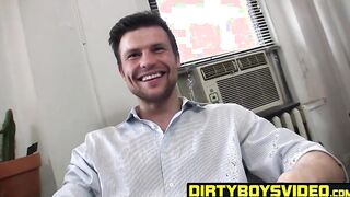 Sexy brunette fellow jerking off his big white dick