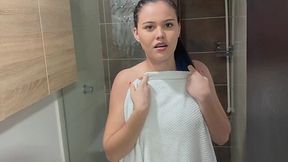 Shy stepsister gets caught in the shower and ends up sucking and fucking me