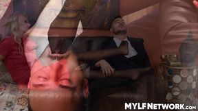 Suited Milan licks toes while jerking his hard big cock with curvy milf Jasmine Daze