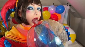 Pomni's Sensual Beach Ball Inflation With Licking And Spitting - Beach Balls - Inflatable Blow Fetish - Plastic Fetish - Spit Fetish - Drooling - Cosplay - Inflatagirl