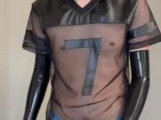 Rubber Pup Strokes Rubber Cock