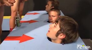 Group of young guys participate at a blowing contest and suck their partners big cocks