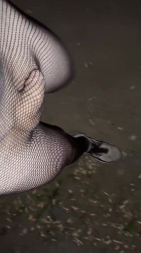 Night walking in pantyhose close road teen  boy flash no pants