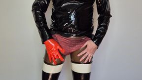 Sissy Pantie Boy in Latex Stockings, gloves and PVC Shirt Fucks Wife&#039;s Plastic Sandals and Masturbates
