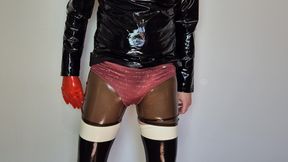 Sissy Pantie Boy in Latex Stockings, gloves and PVC Shirt Fucks Wife&#039;s Plastic Sandals and Masturbates