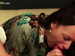 CFNM busty MILFs jerk and suck cock in group session