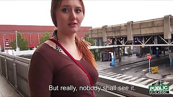 Redhead girl, in red stockings, Helan is spreading her legs to take a big hard cock