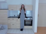 elegant skinny with a big cock and long black velvet gloves jerks off and cunm a lot
