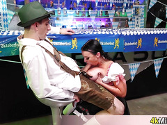 Octoberfest waitress chick with huge tits gets quickie fucked in her stand by a lucky tourist