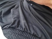 skinny hairy guy jerks off big cock and cums on gym shorts
