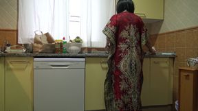 Stepmother lets stepson cum inside her hairy pussy in the kitchen
