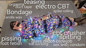 Slave toy Wolfy01 as a holiday present bondaged in paper with duct tape and colourful lights for his Mistress GospodaricaEmma