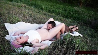 Brunette MILF eats pussy outdoors hairy and wild