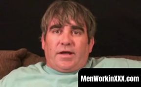 Older stud jerks himself off to orgasm after an intimate interview