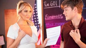 Blonde teacher Jordan Maxx wants to help her student achieve success...and erections