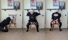 Caged Cosplay Sissy Bondage Slut Rides Dildo Till She Bursts Precum Geysers