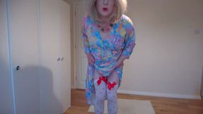 White stockings and no panties under a long blue summer dress