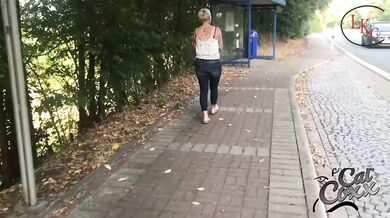 Tits bubbling at the bus stop while golden shower rains down