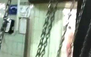 Risky jerk off in public shower