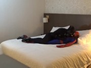 mindless moaning black sex drone playing with his spiderman dummy