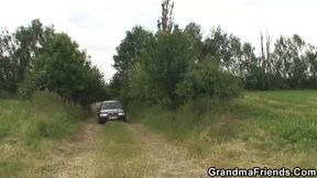 Two buddy share old mature woman outdoors