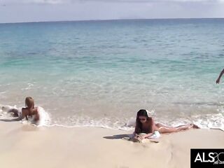 Six Lustful Lesbian babes Go At It On A Public Beach