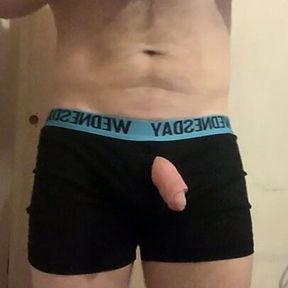 Tasked older guy borrow his apprentice (18) underwear and put them on.