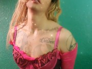 Tgirl in sexy lingerie rides dildo cuffed