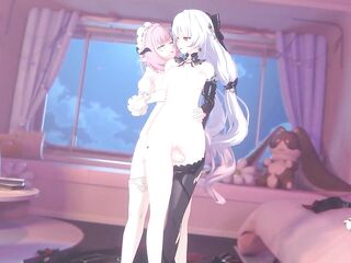 Honkai Impact Luna and Futa Elysia bonding over a thighjob