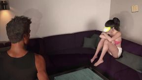 Petite brunette CeCe Route flirts with with large natural tits
