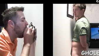 Twink gives a sloppy gloryhole blowjob in public restroom