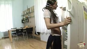 Pussy and ass eating in the kitchen ends with the brunette having her bum plowed