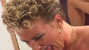 Tattooed Blonde MILF Pisses &amp; Fucks in Steamy Shower