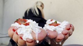 Strawberries with whipped cream on my bare feet (MP4 HD)