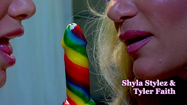 Big tits lesbian blondes Shyla Stylez and Tyler Faith share their favorite treat
