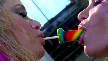 Big tits lesbian blondes Shyla Stylez and Tyler Faith share their favorite treat