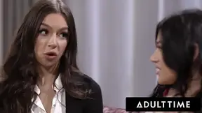 Hairy Brunette Therapist Caught Masturbating Gets Steamy Lesbian Sex Session