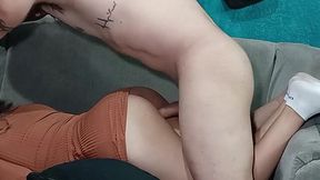 Payed my slutty neighbor in sexy dress to fuck her from behind on a sofa