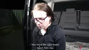 Skinny tramp is shaking her small tits on a massive dong in the van