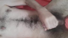 Laid back bear jacking, shooting jizz on hairy abdomen and torso