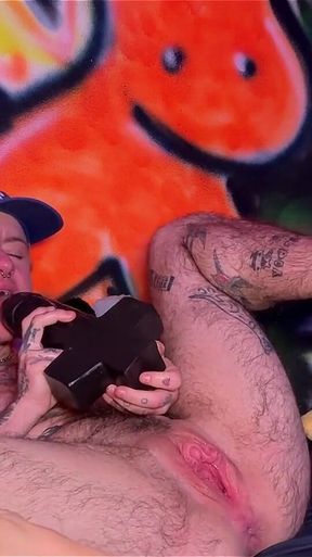 Tattooed Tboy XXX Skips Stretches His Pink Boy Pussy with an Xl Cross Dildo