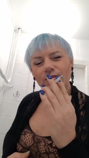 Sonyastar sexy smoke long nails, blue hair, lipstick, dildo