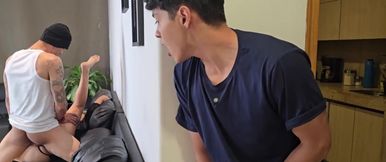 Perv stepson fapping while her hot stepmom is getting fucked by a burglar