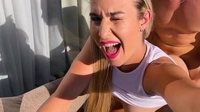 Cool Blonde Friend Sucks Cock on Balcony, Gets Fucked