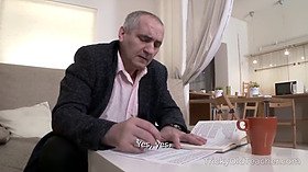 Tricky Old Teacher - Hottie passes a sex test on the couch